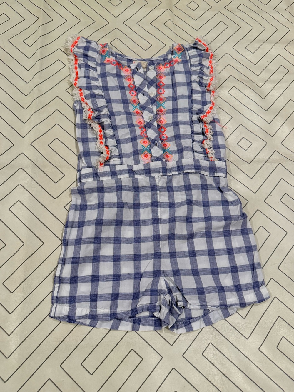 EGG Blue Plaid Girls' Romper with Embroidered Trim